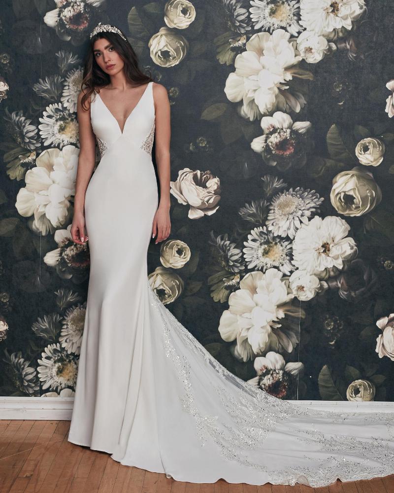 121232 crepe sheath wedding dress with train and tank straps2